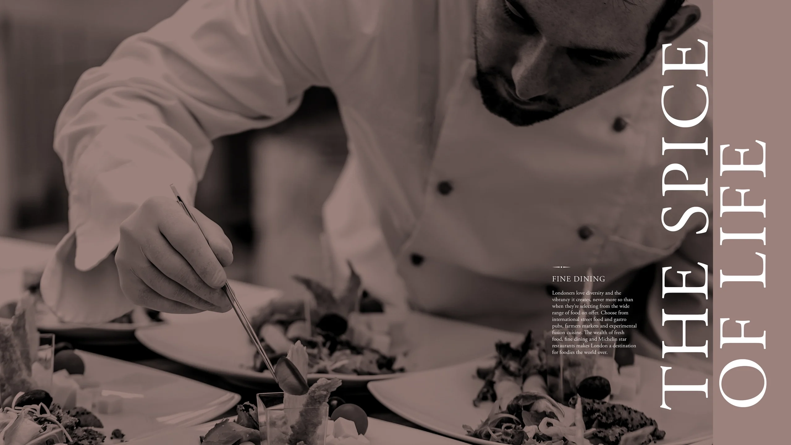 A photograph of a chef plating up a meal, with the headline "The Spice of Life" and sub-heading "Fine Dining." The body copy outlines Battersea Reach's proximity to desirable eateries.