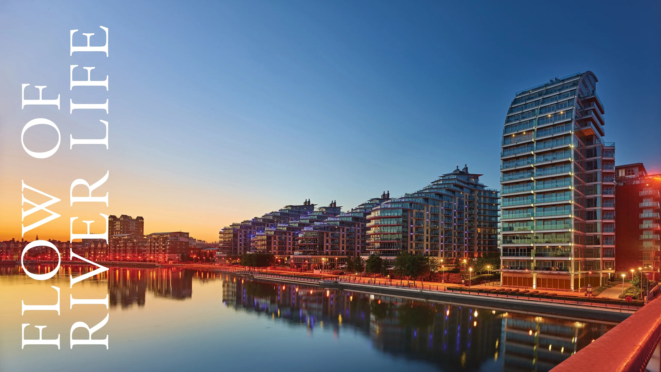 A photograph of Battersea Reach at sunset with the headline "Flow of River Life"