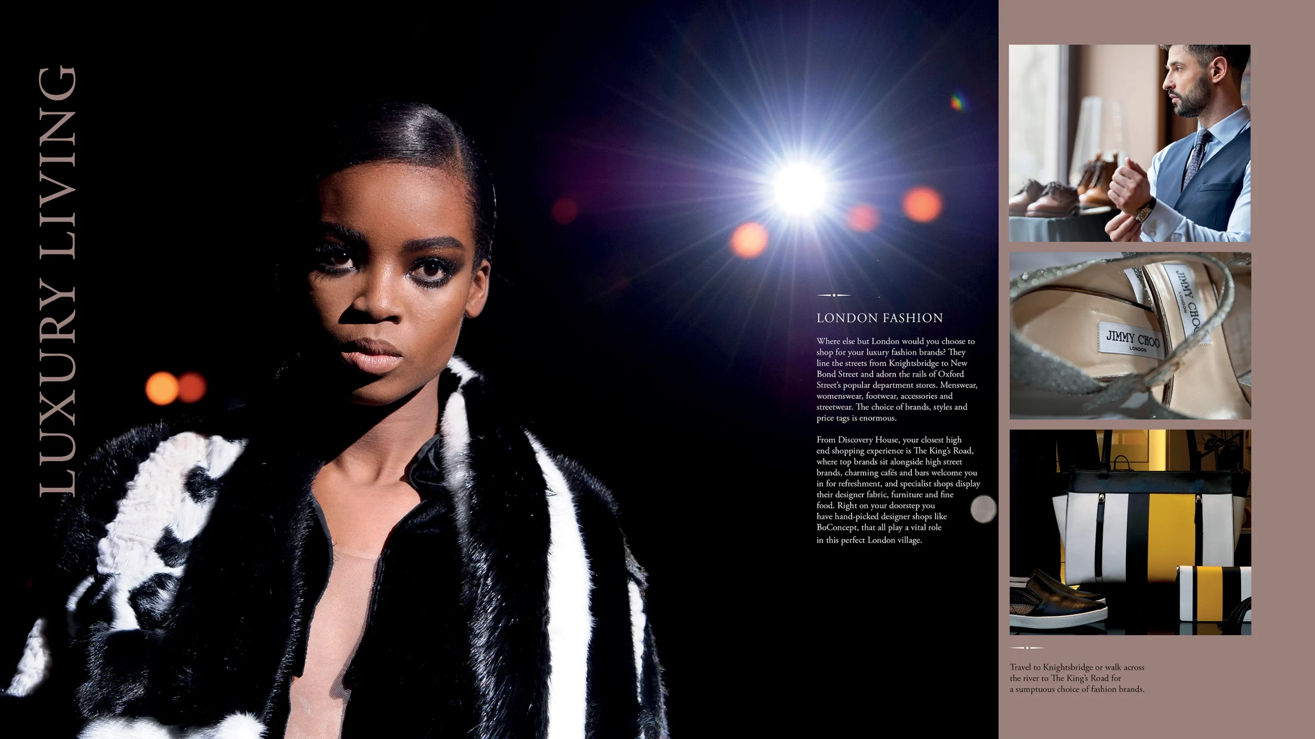 A photograph of a runway model with the headline "Luxury Living" and a paragraph describing Discovery House's proximity to high-end shopping opportunities