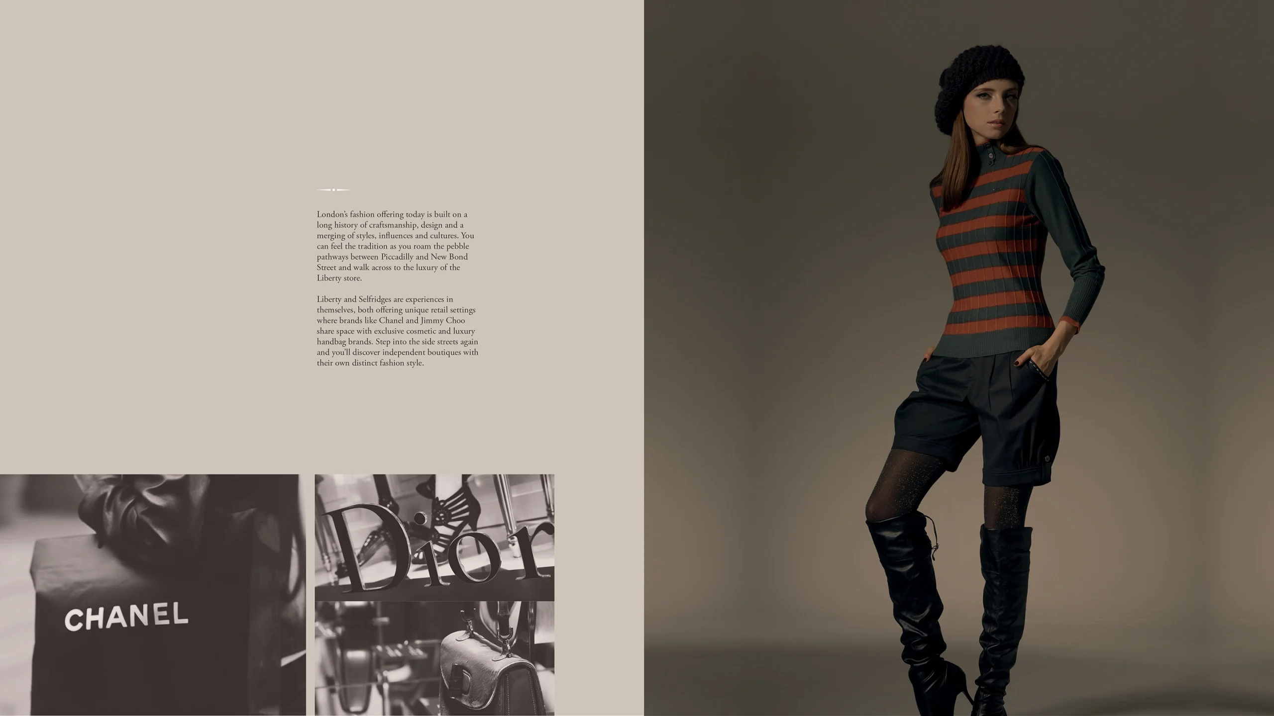 A paragraph describing shopping opportunities at Selfridges and Liberty, accompanied by photographs of high-end fashion items and a female model