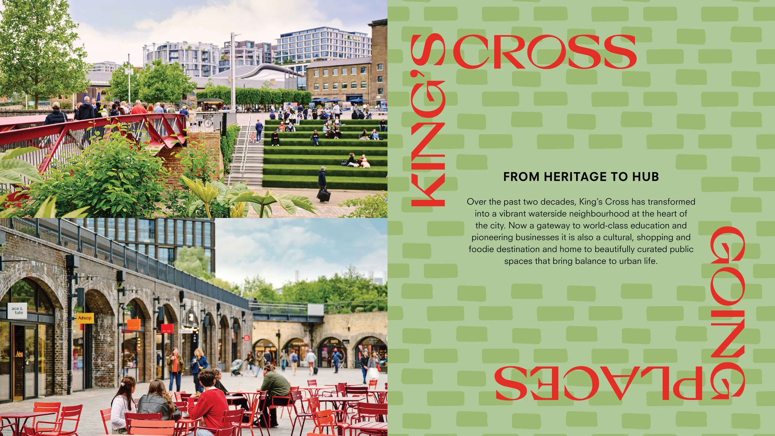 Two images of the King's Cross area, featuring people relaxing in a designated outside leisure area and at coal drop yard. Alongside are signature Holloway Park brick inspired graphics with the headline "From Heritage To Hub." The body text reads "Over the past two decades, King's Cross has transformed into a vibrant waterside neighbourhood at the heart of the city. Now a gateway to world-class education and pioneering businesses it is also a cultural, shopping and foodie destination and home to beautifully curated public spaces that bring balance to urban life."