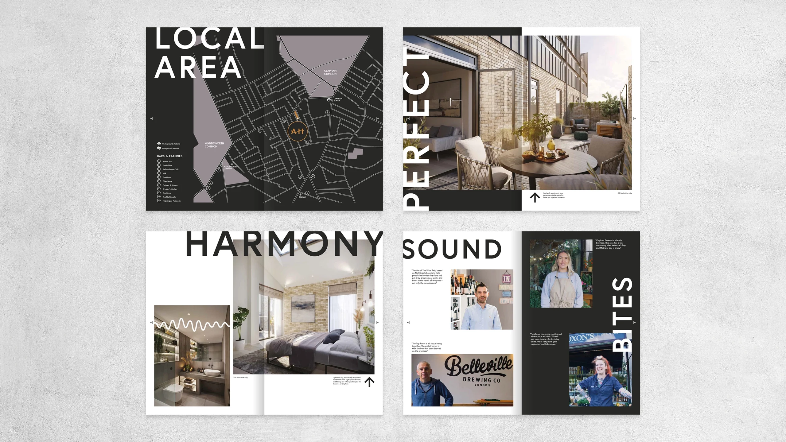 Brochure spreads showing a local area map, outdoor terrace, modern interiors, and local residents