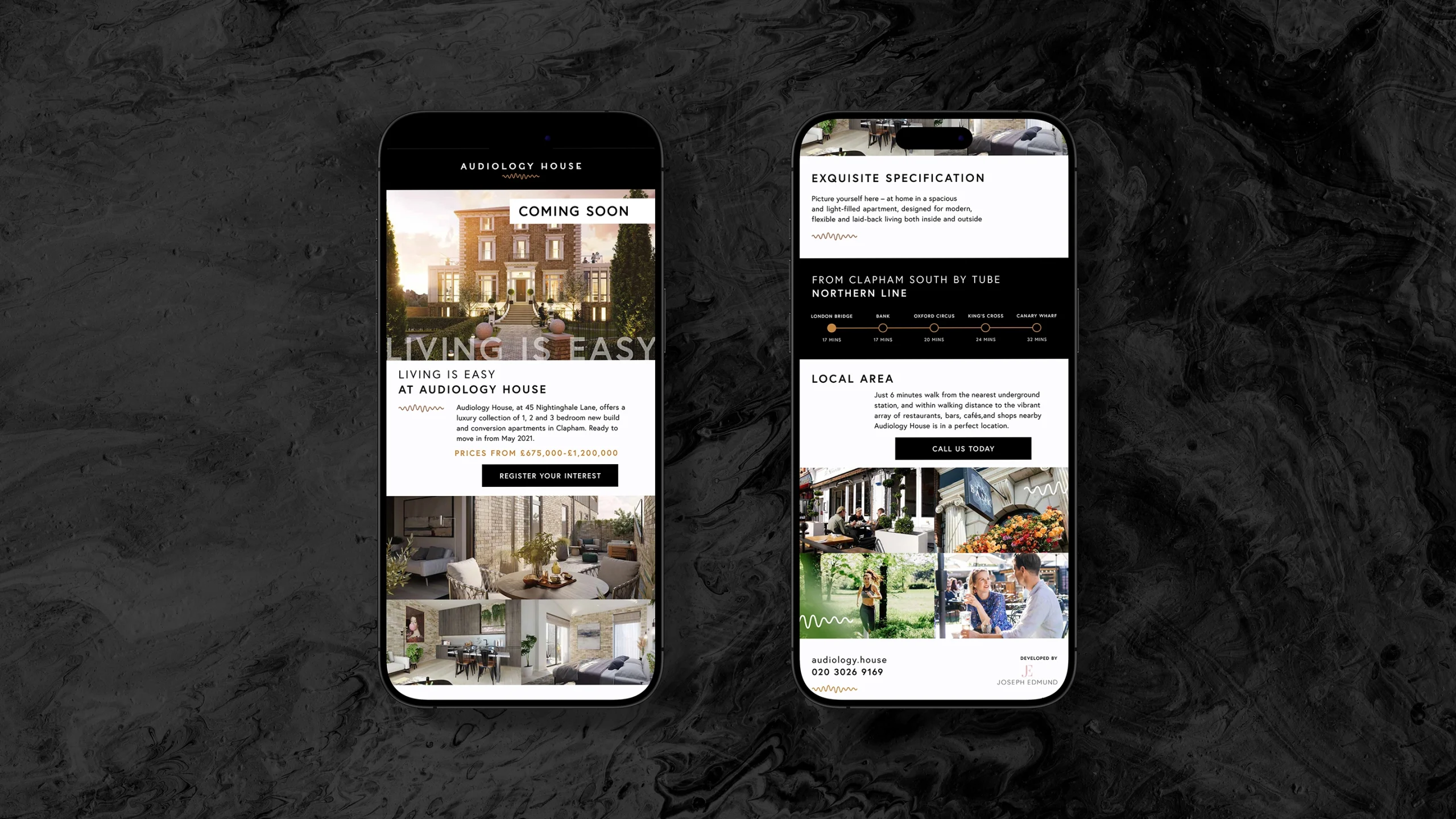 Mobile website pages for Audiology House, depicting internal and external images of the development, specification and local area photography