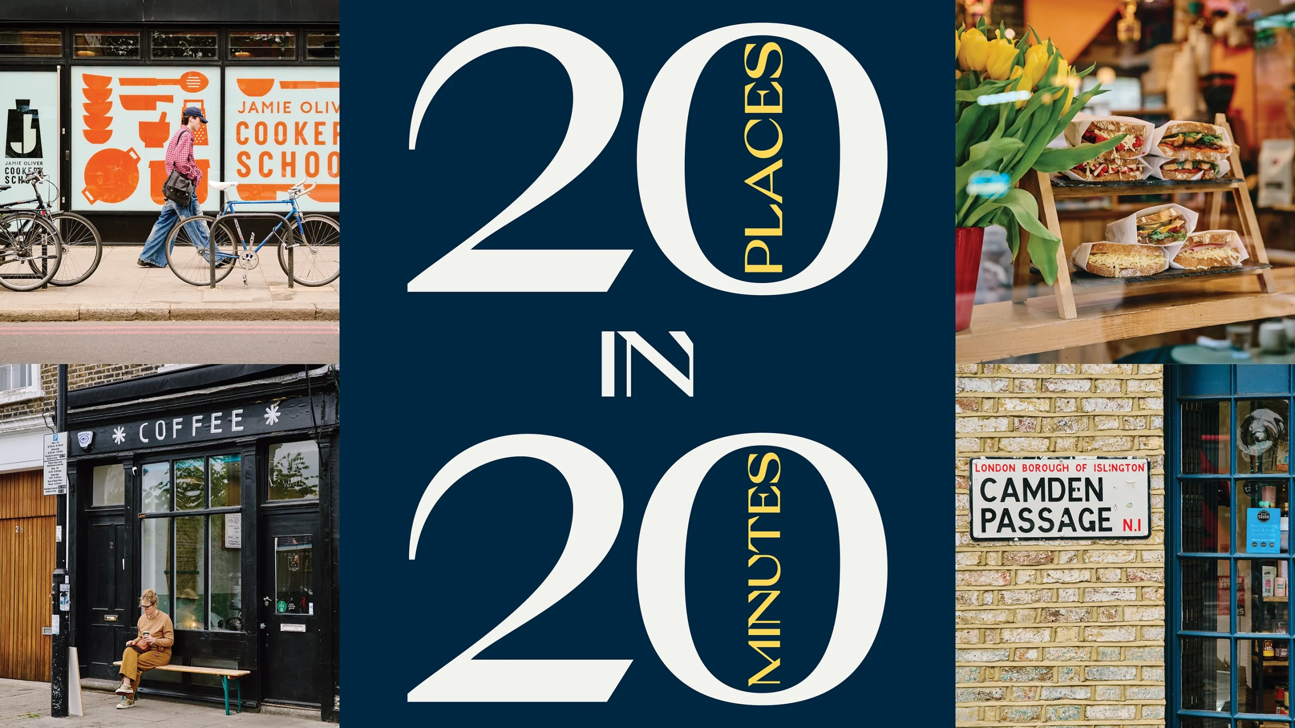 Artwork and photography for Holloway Park, based around the concept of "20 Places in 20 Minutes." Photos show cafes, a street sign for Camden Passage and the Jamie Oliver Cooking School