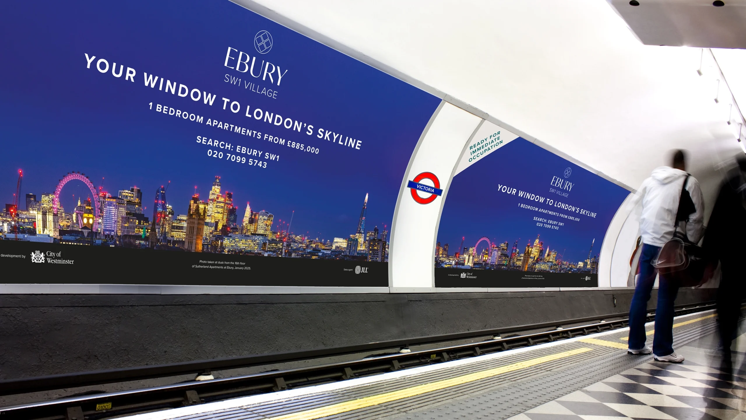 Ebury advertising posters on the platform at Victoria station